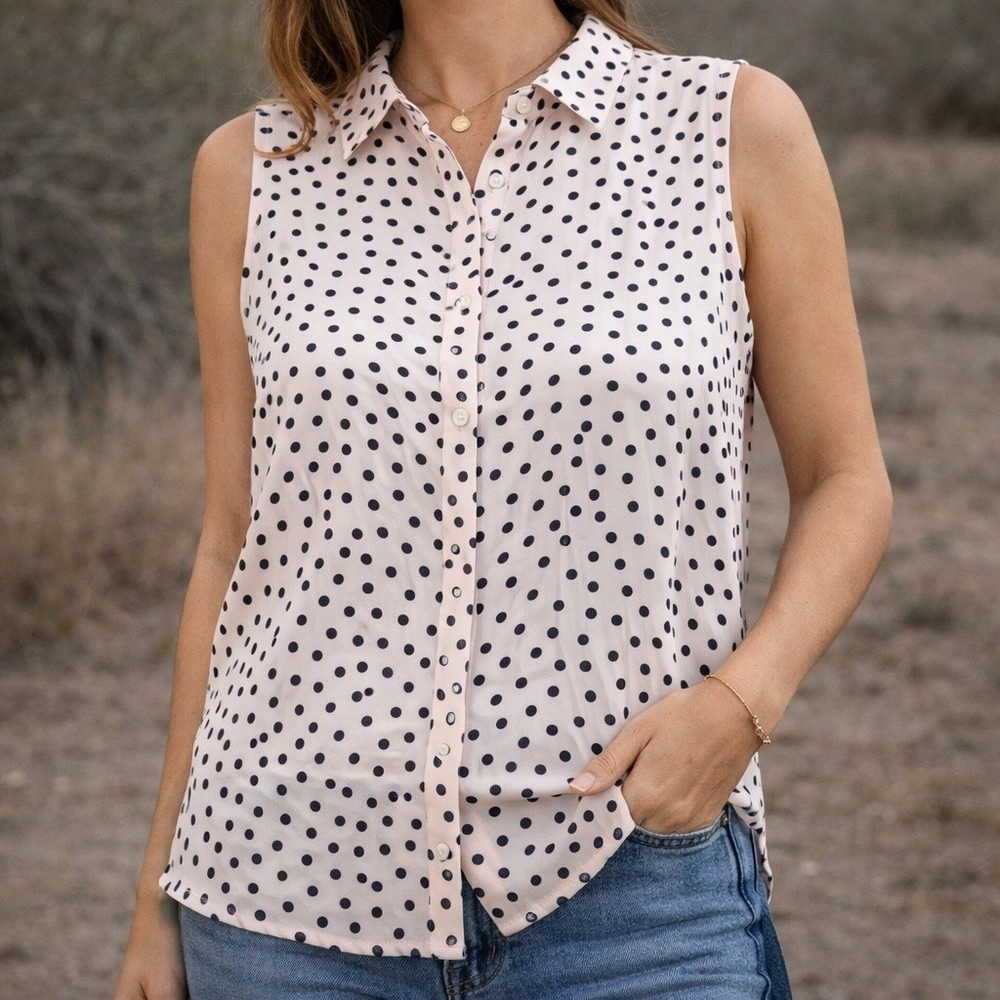 Karl Lagerfeld Paris Blouse Womens Large Pink Polka Dot Pearl Collar Office Wear